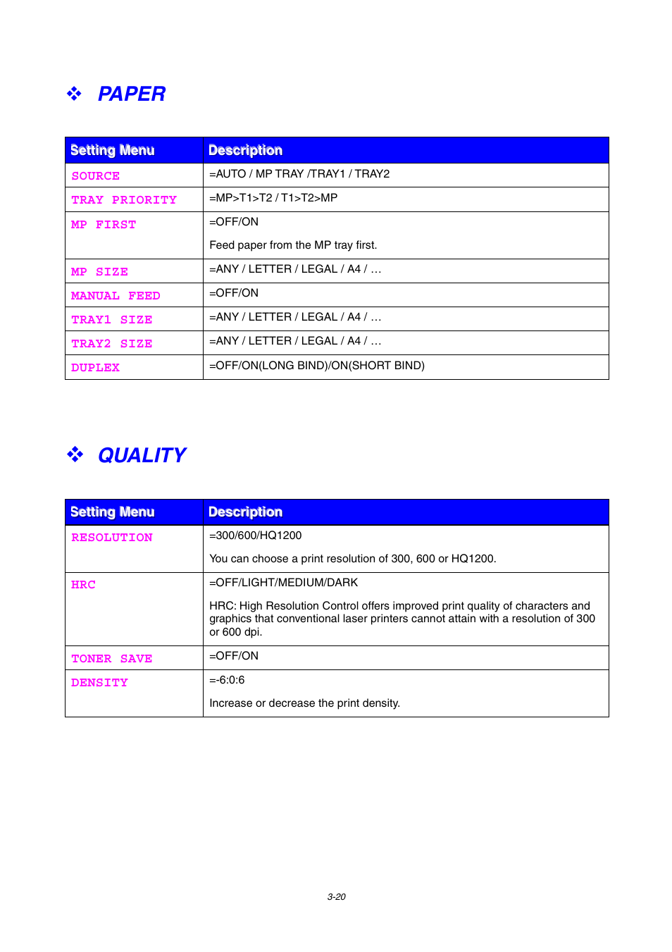 Paper, Quality, Paper -20 | Quality -20, For more information about the paper settings, see, Chapter 3 | Brother HL-1800 series User Manual | Page 88 / 204
