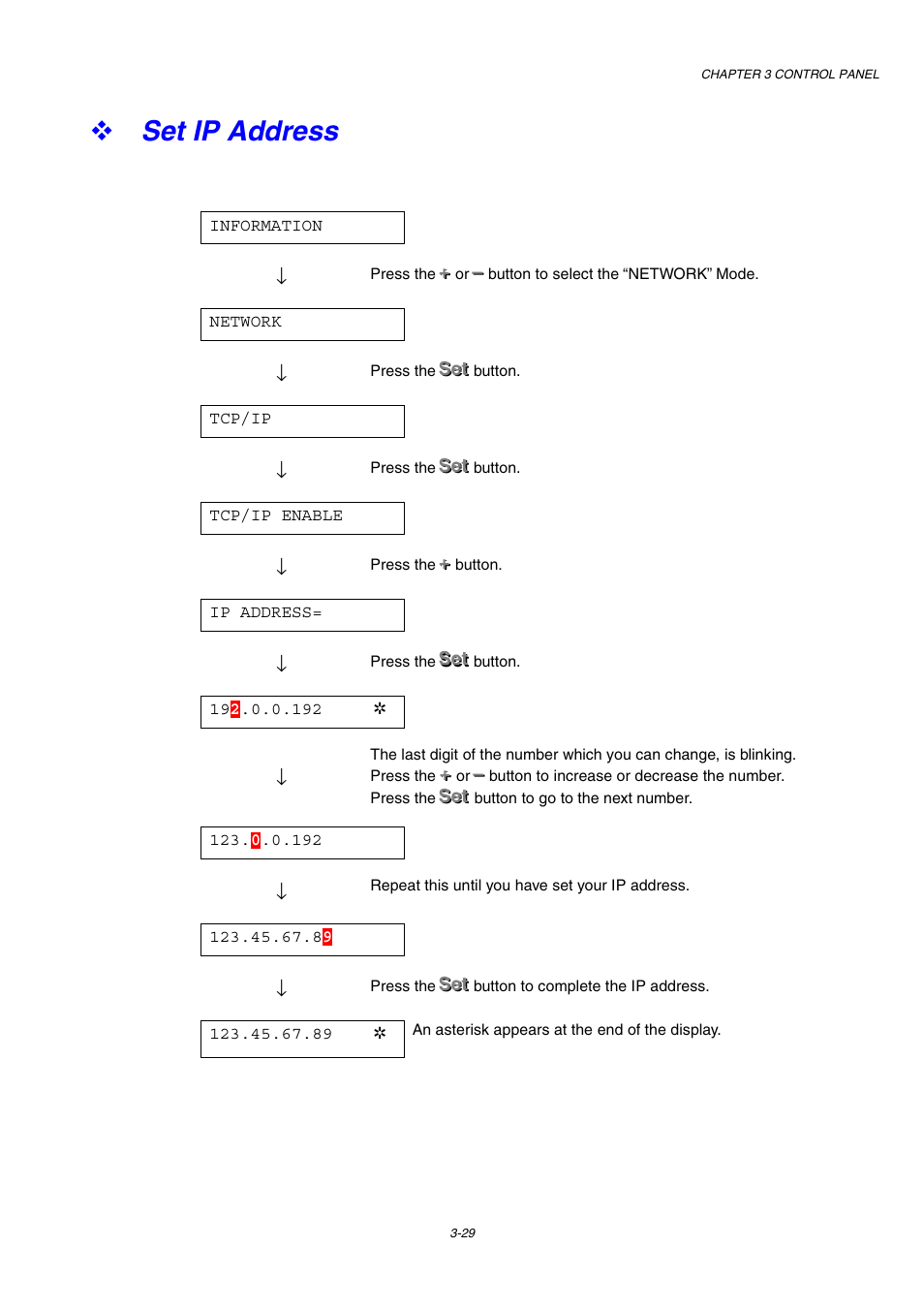 Set ip address, Set ip address -29 | Brother HL-1800 series User Manual | Page 97 / 204