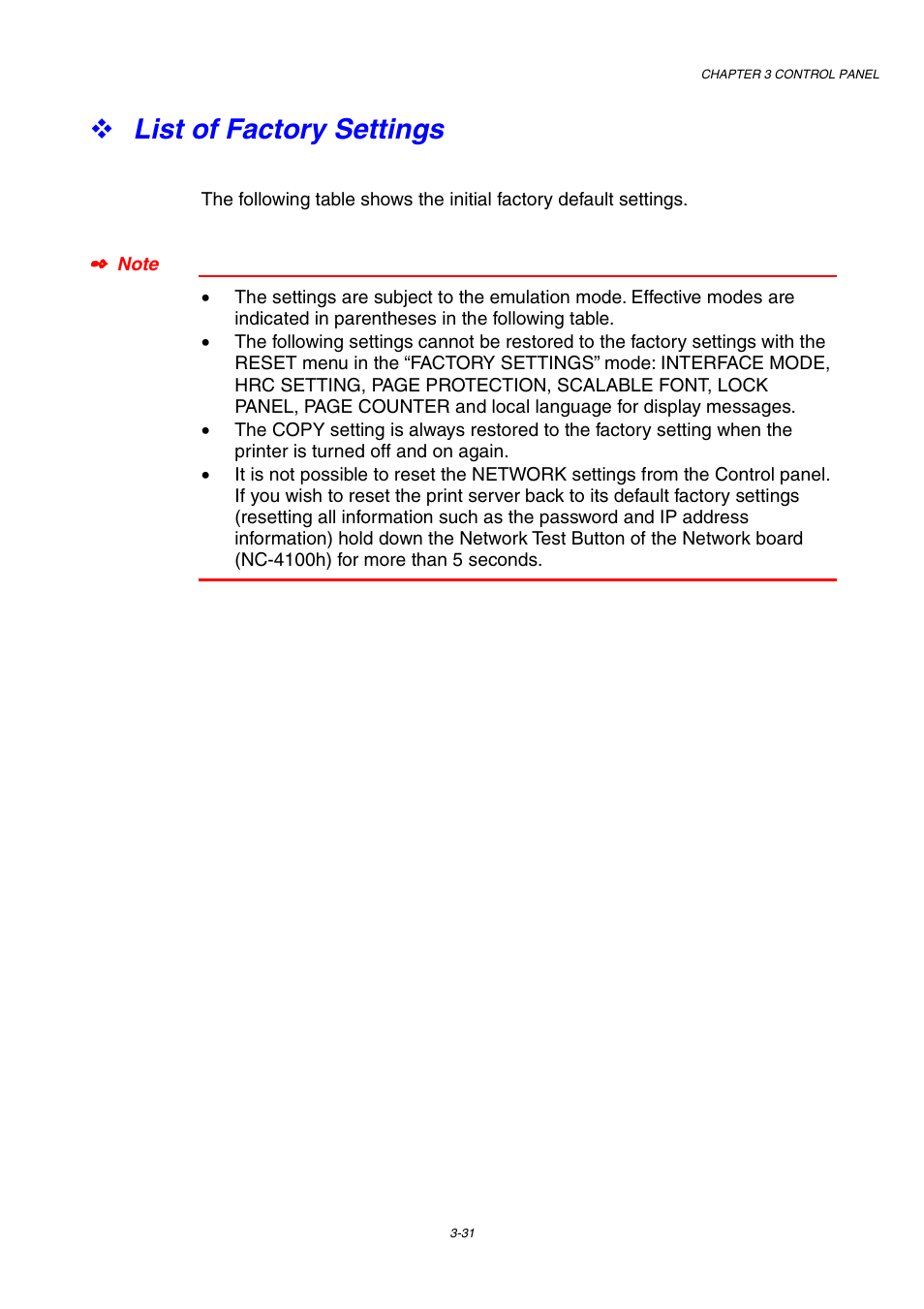 List of factory settings, List of factory settings -31, Please see “list of factory settings” in chapter 3 | Brother HL-1800 series User Manual | Page 99 / 204