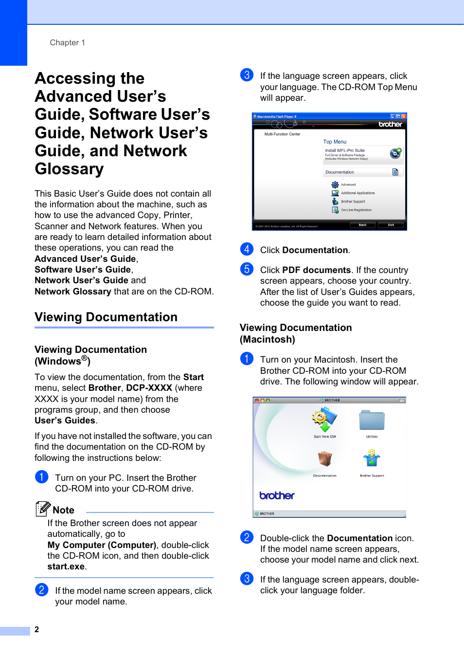 Viewing documentation, Viewing documentation (windows®), Viewing documentation (macintosh) | Network user’s guide, and network glossary | Brother Printer DCP-J140W User Manual | Page 12 / 76