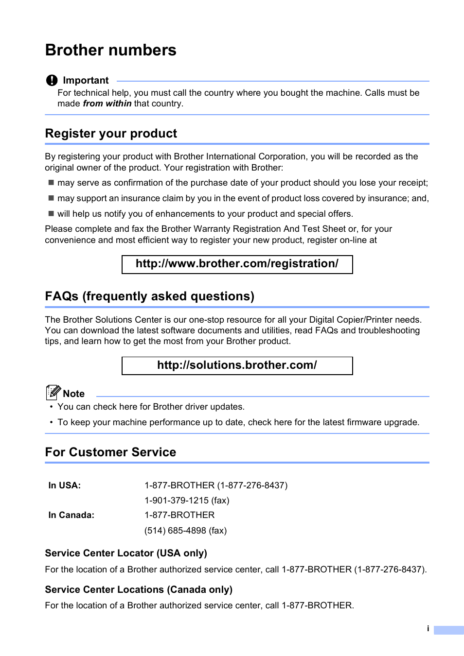 Brother numbers, Register your product, Faqs (frequently asked questions) | For customer service | Brother Printer DCP-J140W User Manual | Page 3 / 76