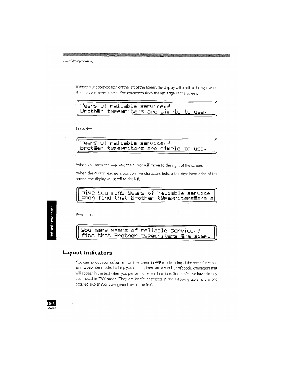 Y00r's of ri=fliabj.0 ь0гоic0, Brotiar ьур0!л«гiters aro simple to use, Layout indicators | Brother CM-2000 User Manual | Page 106 / 201