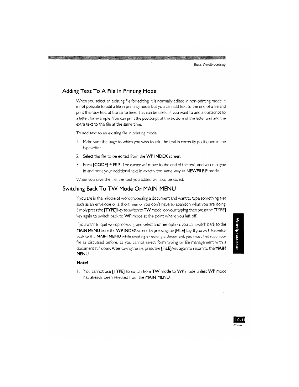 Switching back to tw mode or main menu, Switching back to tw mode or main, Menu -9 | Adding text to a file in printing mode | Brother CM-2000 User Manual | Page 109 / 201