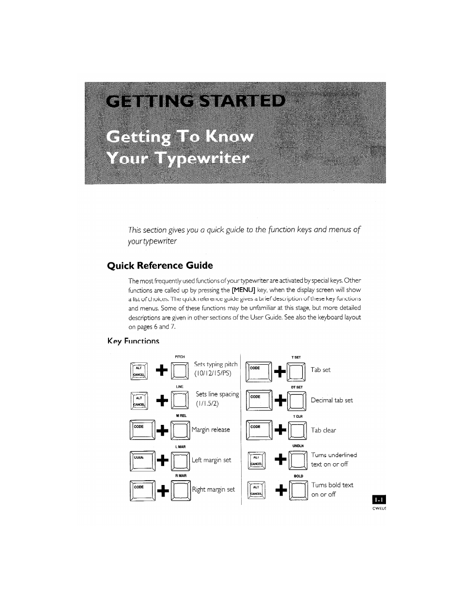 Getting started, Quick reference guide, Key functions | Brother CM-2000 User Manual | Page 11 / 201