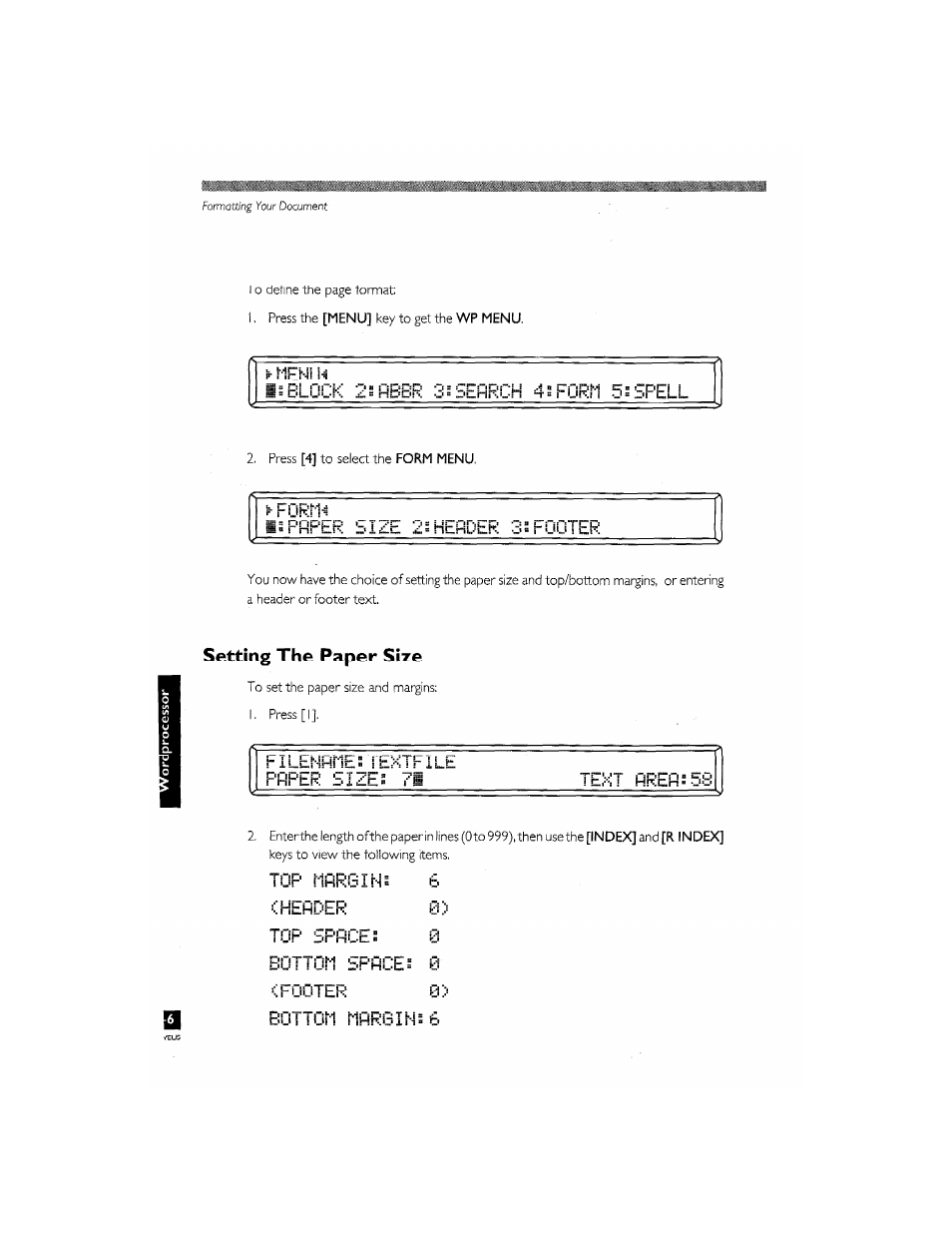 Is block 2"ihbbr sssemrch 4s form 5s spell, Lh: 1 ¿e 2 s hesdtr 3 s |- ugtek, Setting the paper size | Filehnnestekifile prper sizes 71, Tlx! flrefisss, Top mi-irgins i, Herder b, Tuk bpfiue s u bottoh sphces 0 (footer e, Bottom mhrgins 6, Menl | Brother CM-2000 User Manual | Page 116 / 201