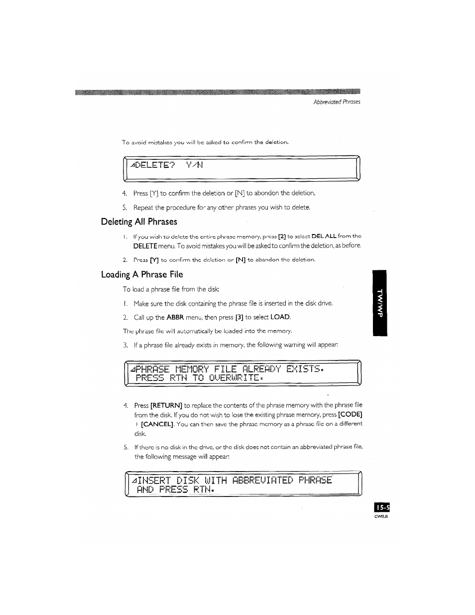 Rtn to ouerlilrtte, Ipljpc!'-p rirrmnpv r i“îî ppüri, Deleting all phrases | Loading a phrase file | Brother CM-2000 User Manual | Page 147 / 201