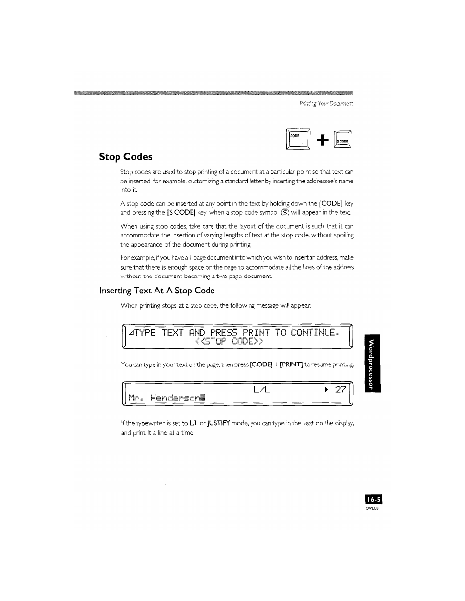 Inserting text at a stop code, Inserting text at a stop code -5, Stop codes | Brother CM-2000 User Manual | Page 157 / 201