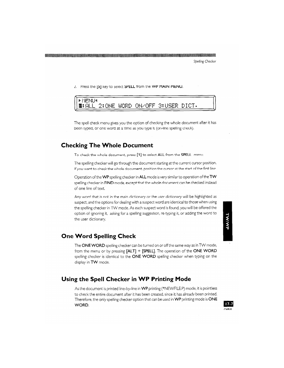 Checking the whole document, One word spelling check, Using the spell checker in wp printing mode | Printing the whole document, One word spelling check (wp) -7 | Brother CM-2000 User Manual | Page 165 / 201
