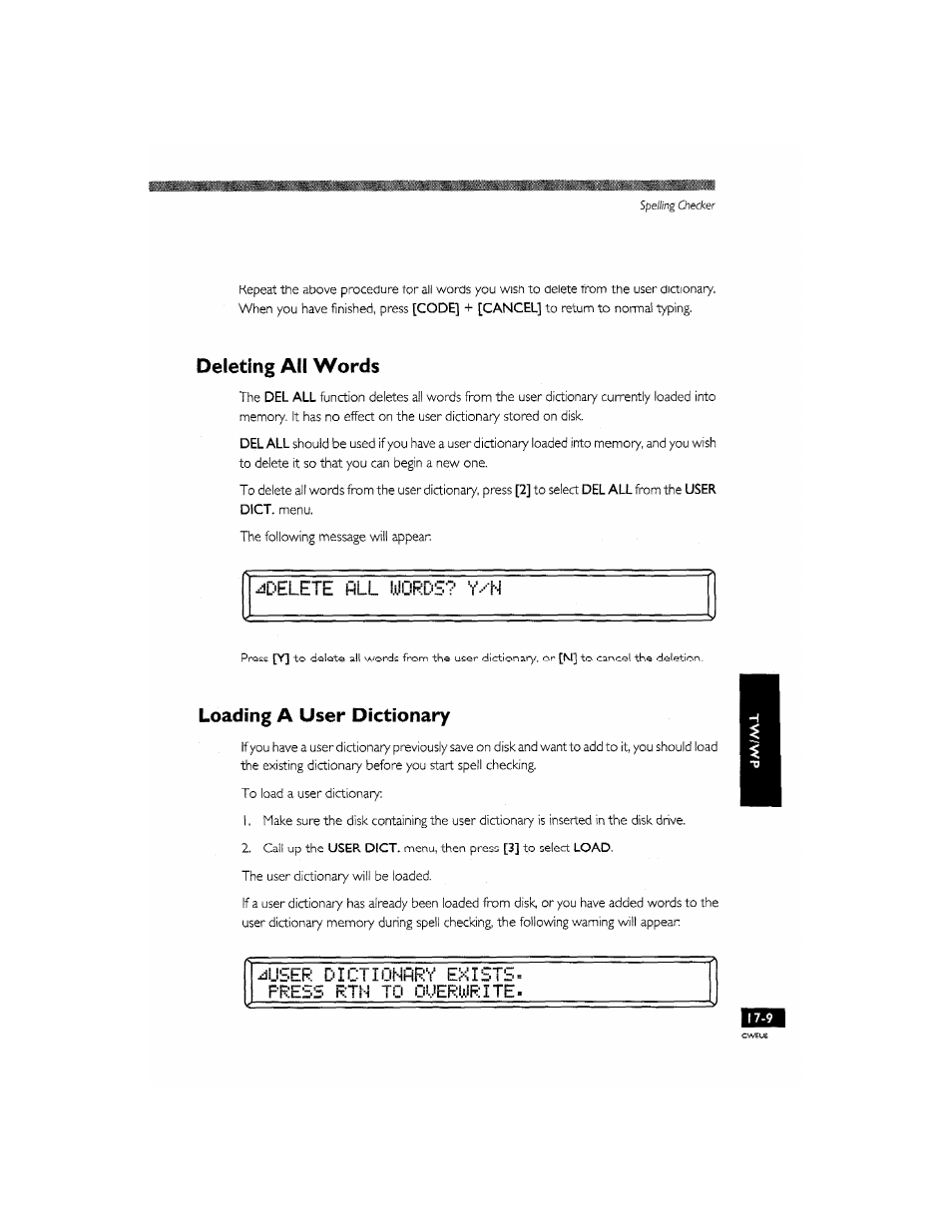 Deleting all words, Loading a user dictionary, Ijser dict i unary enists- press rtn to oueruirite | Deleting all phrases -5, Saving a user dictionary -10, Delete all lijords? v.-n | Brother CM-2000 User Manual | Page 167 / 201
