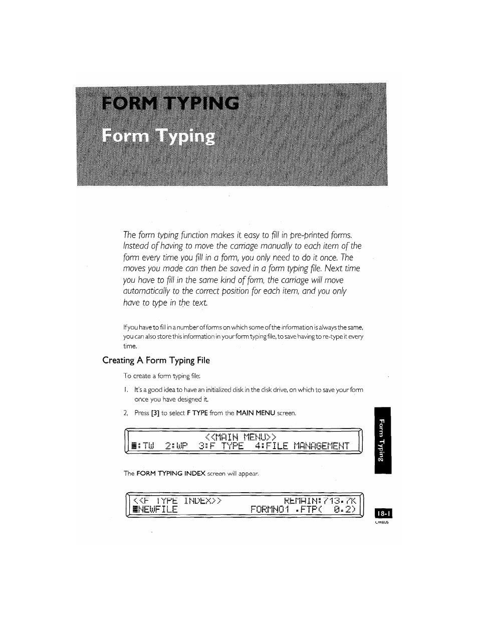 Vr'l 4 s f i li, Rihni=igerient, F j ype ineufile | Fuknnul -fipi, Creating a form typing file | Brother CM-2000 User Manual | Page 171 / 201