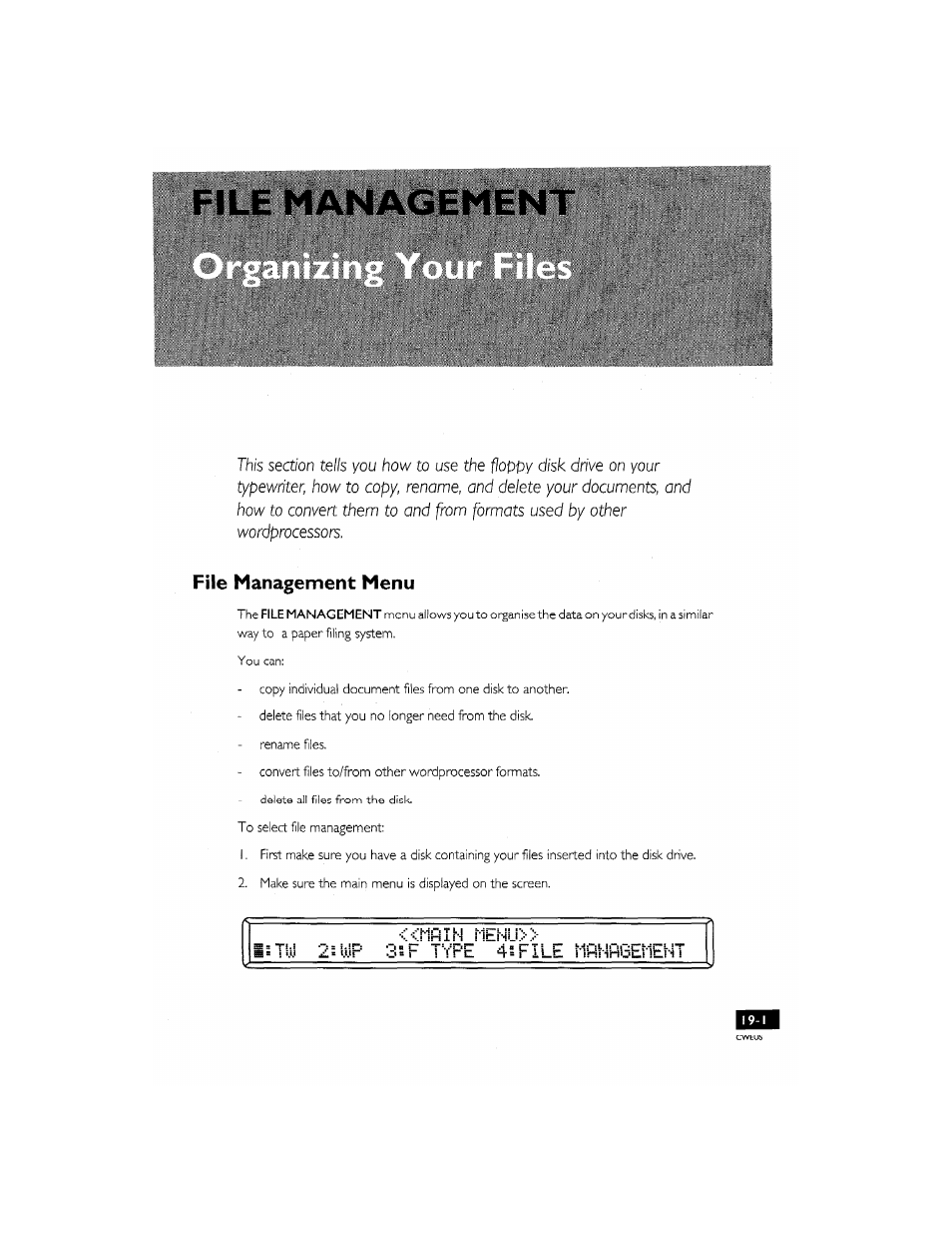 Rifiin mlnu, T‘.i.i z = wp ‘j s t t'pe 4 s f i lh mhhfibemhht, File management | T‘.i.i z = wp ‘j s t, Pe 4, F i lh mhhfibemhht, File management menu | Brother CM-2000 User Manual | Page 181 / 201