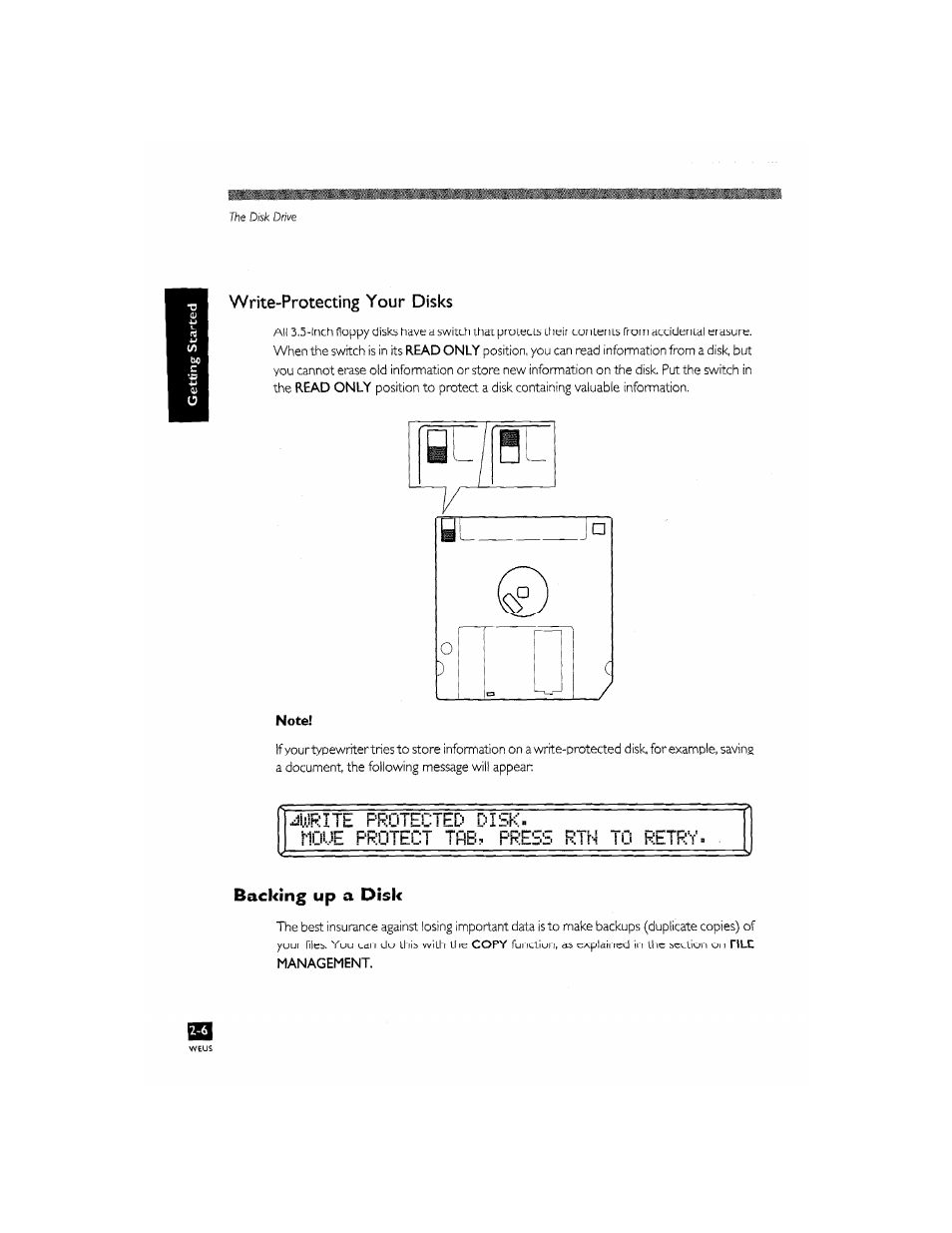 Backing up a disk, Backing up a disk -6, Write-protecting your disks | Brother CM-2000 User Manual | Page 38 / 201