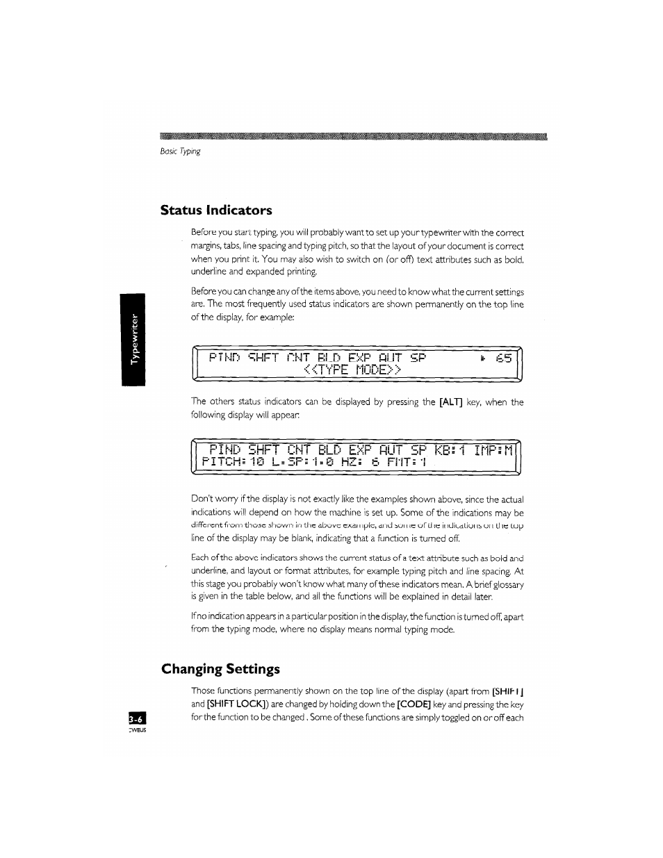 Find shft cnt bld exp put sf, Ivpe m0de, Inpsil | Status indicators, Find shft cnt bld exp put, Changing settings | Brother CM-2000 User Manual | Page 46 / 201