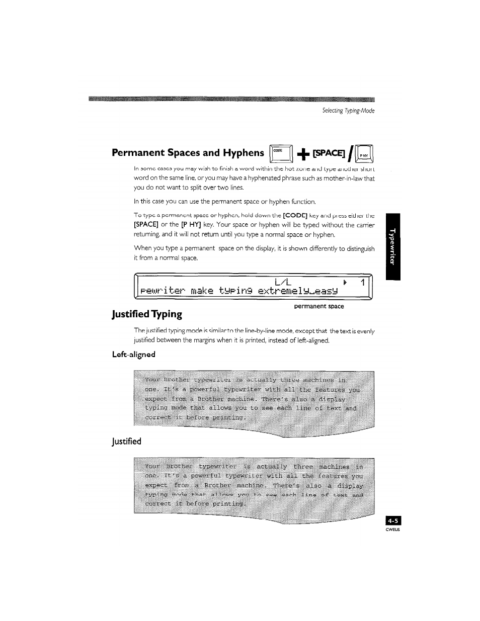 Justified, Justified -5, Permanent spaces and hyphens | Space, Left-aligned | Brother CM-2000 User Manual | Page 53 / 201