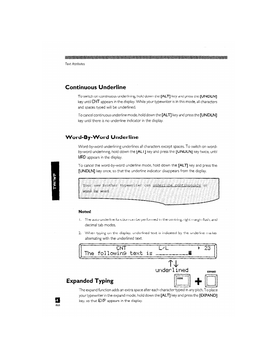 Continuous underline, Word-by-word underline, Under i 3. ned | Expanded typing, Word-by-word underline -4, Expanded typing -4 | Brother CM-2000 User Manual | Page 74 / 201