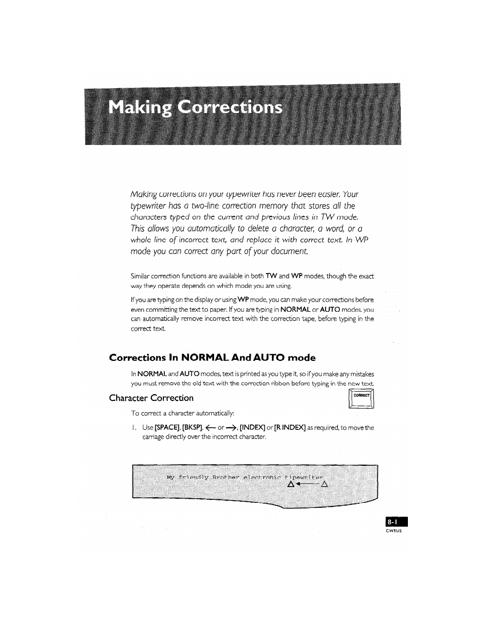 Character correction, Character correction -1, Corrections in normal and auto mode | Brother CM-2000 User Manual | Page 81 / 201