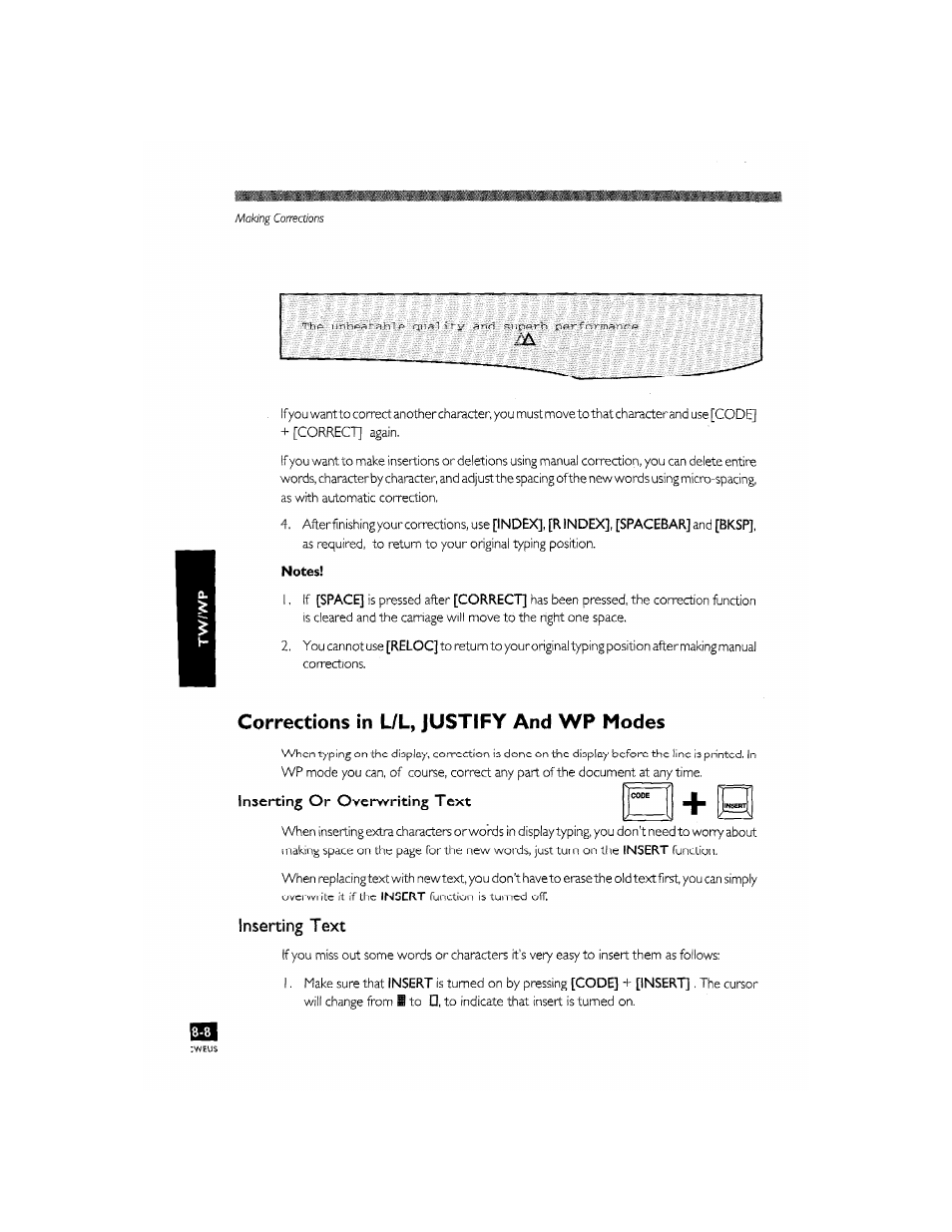 Corrections in l/l, justify and wp modes, Inserting or overwriting text, Inserting text | Brother CM-2000 User Manual | Page 88 / 201