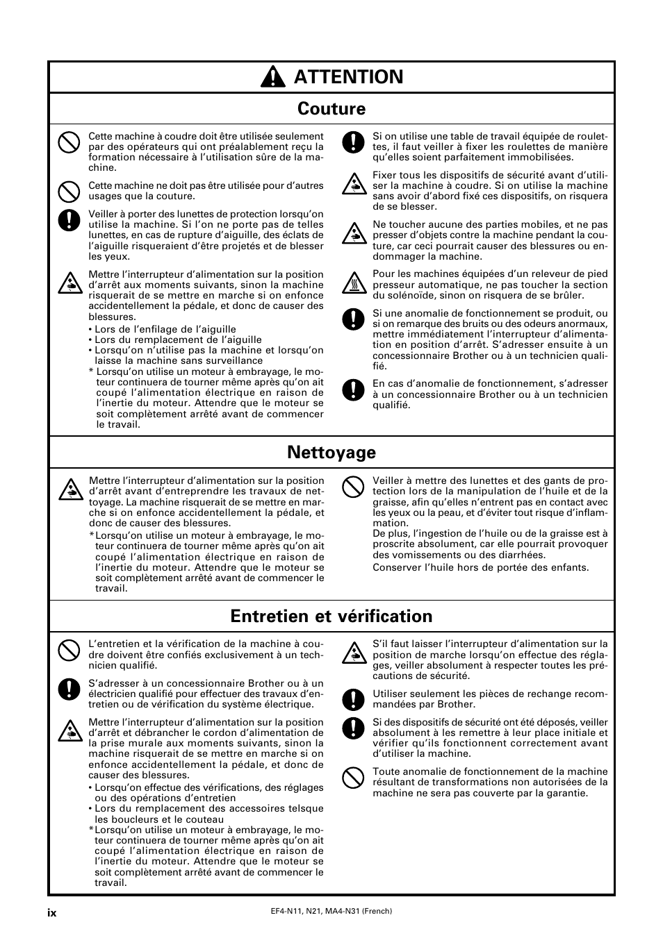 Attention, Couture nettoyage, Entretien et vérification | Brother EF4-N11 User Manual | Page 10 / 54