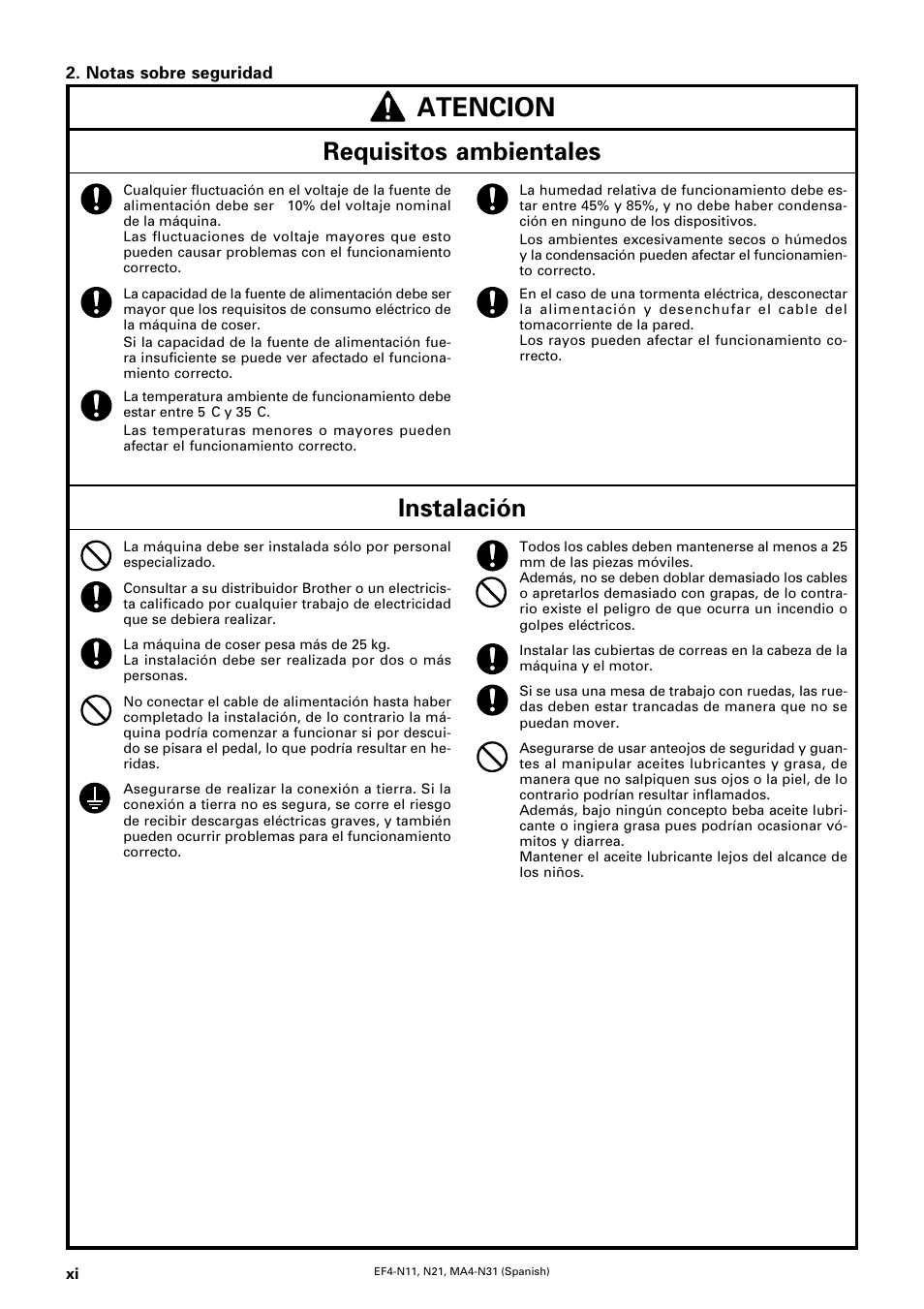 Atencion, Requisitos ambientales, Instalación | Brother EF4-N11 User Manual | Page 12 / 54