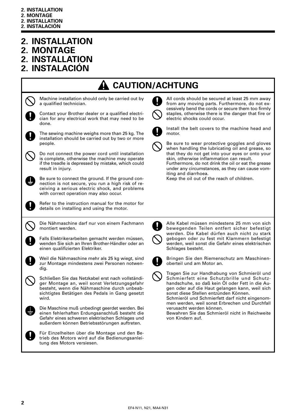 Installation, Montage, Instalación | Caution/achtung | Brother EF4-N11 User Manual | Page 19 / 54