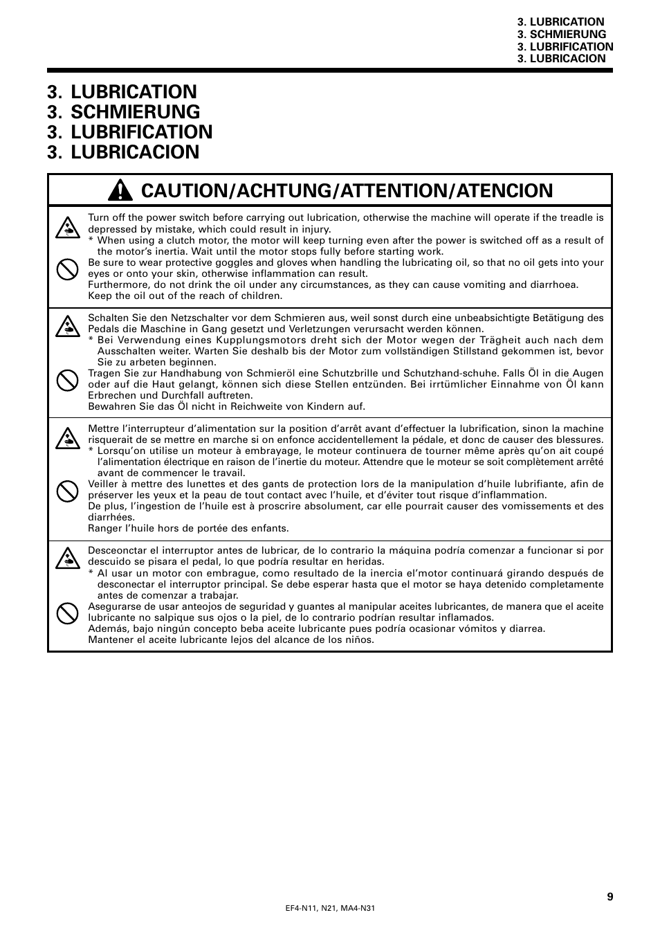 Lubrication, Schmierung, Lubrification | Lubricacion | Brother EF4-N11 User Manual | Page 26 / 54
