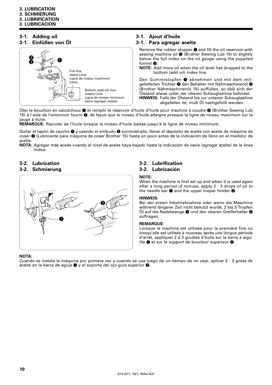 1. adding oil, 2. lubrication, 1. einfüllen von öl | 2. schmierung, 1. ajout d’huile, 2. lubrification, 1. para agregar aceite, 2. lubricación | Brother EF4-N11 User Manual | Page 27 / 54