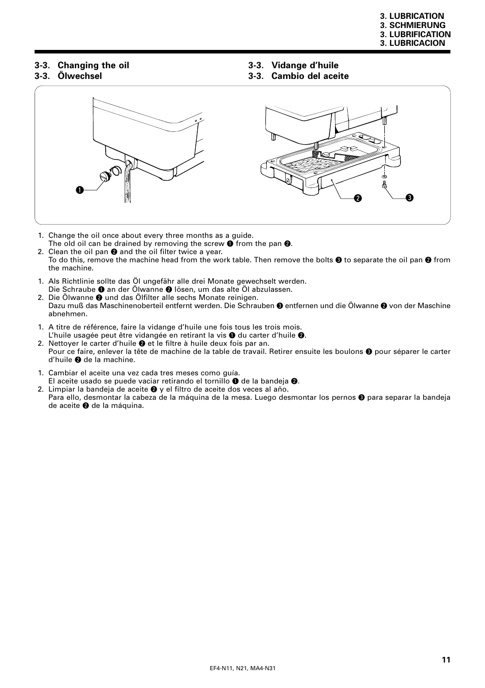 3. changing the oil, 3. ölwechsel, 3. vidange d’huile | 3. cambio del aceite | Brother EF4-N11 User Manual | Page 28 / 54