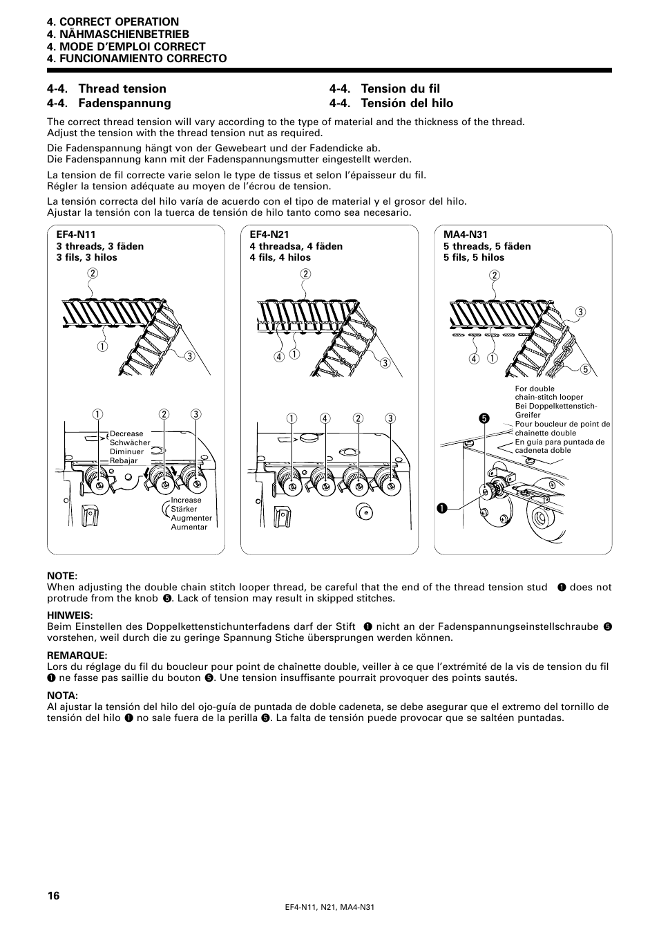 4. thread tension, 4. fadenspannung, 4. tension du fil | 4. tensión del hilo | Brother EF4-N11 User Manual | Page 33 / 54