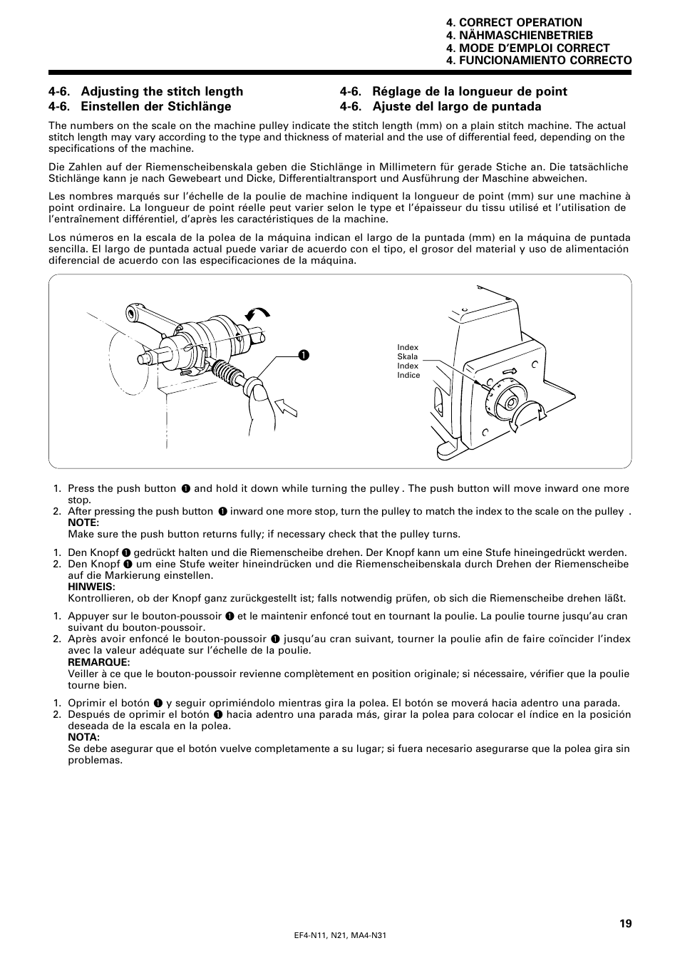 6. adjusting the stitch length, 6. einstellen der stichlänge, 6. réglage de la longueur de point | 6. ajuste del largo de puntada | Brother EF4-N11 User Manual | Page 36 / 54