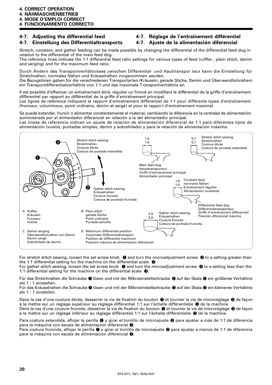 7. adjusting the differential feed, 7. einstellung des differentialtransports, 7. réglage de l’entraînement différentiel | 7. ajuste de la alimentación diferencial | Brother EF4-N11 User Manual | Page 37 / 54
