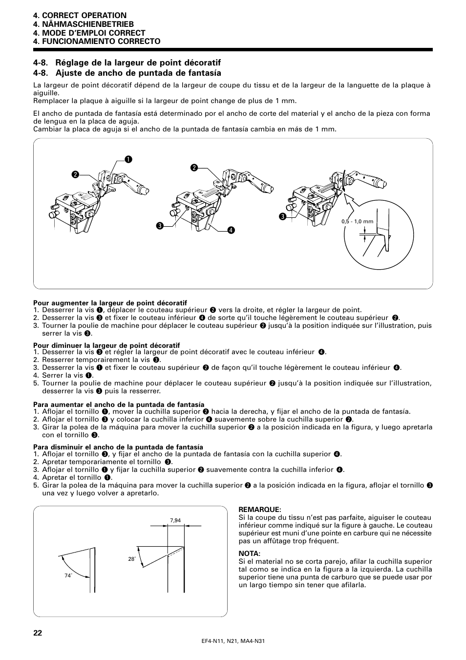 8. réglage de la largeur de point décoratif, 8. ajuste de ancho de puntada de fantasía | Brother EF4-N11 User Manual | Page 39 / 54