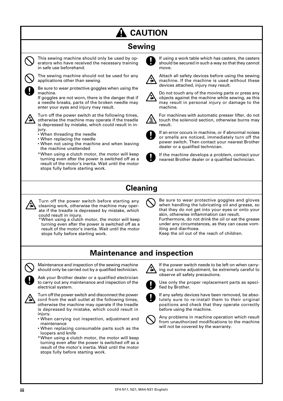 Caution, Sewing cleaning, Maintenance and inspection | Brother EF4-N11 User Manual | Page 4 / 54