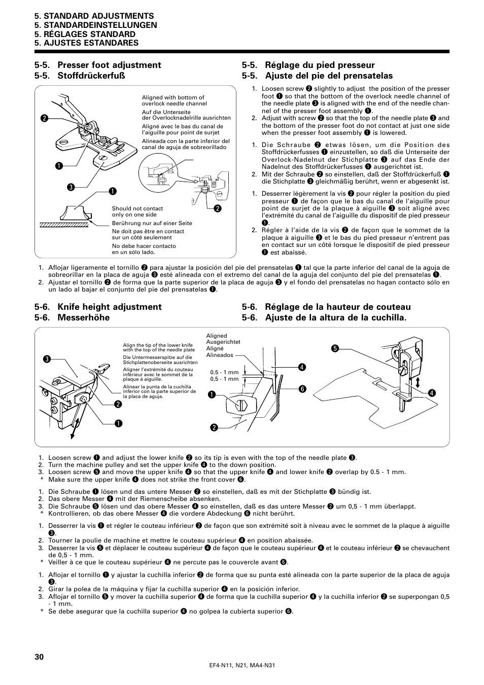 5. presser foot adjustment, 6. knife height adjustment, 5. stoffdrückerfuß | 6. messerhöhe, 5. réglage du pied presseur, 6. réglage de la hauteur de couteau, 5. ajuste del pie del prensatelas, 6. ajuste de la altura de la cuchilla | Brother EF4-N11 User Manual | Page 47 / 54