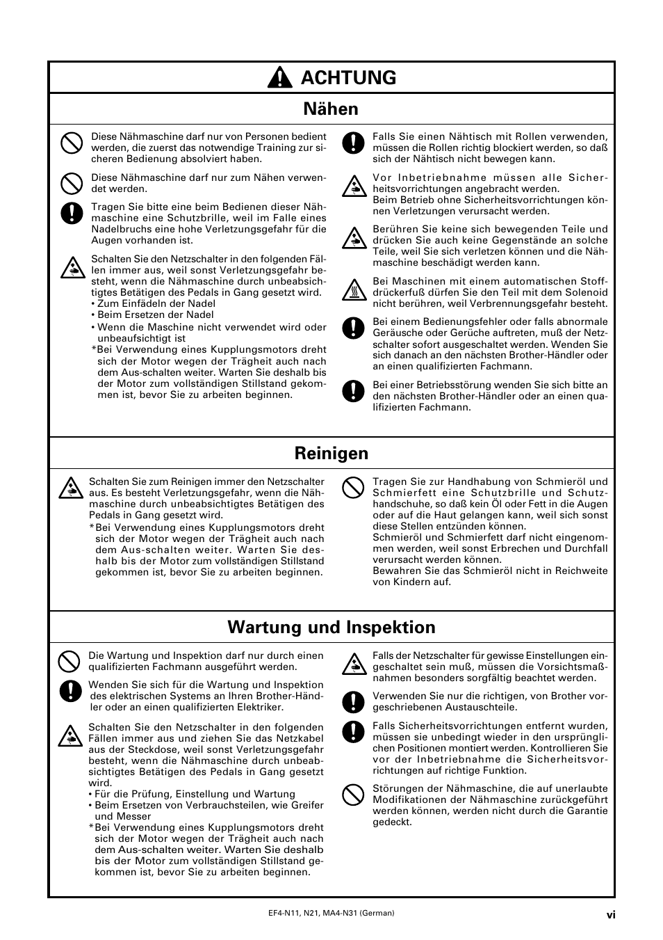 Achtung, Nähen reinigen, Wartung und inspektion | Brother EF4-N11 User Manual | Page 7 / 54