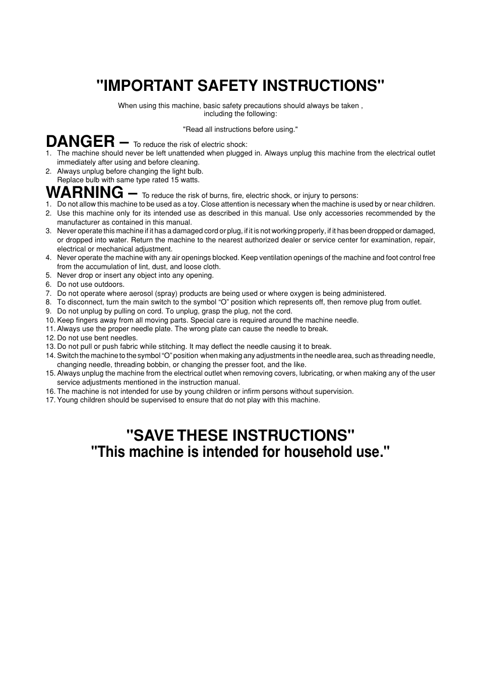 Danger, Warning, Important safety instructions | Brother XL-6051 User Manual | Page 2 / 103