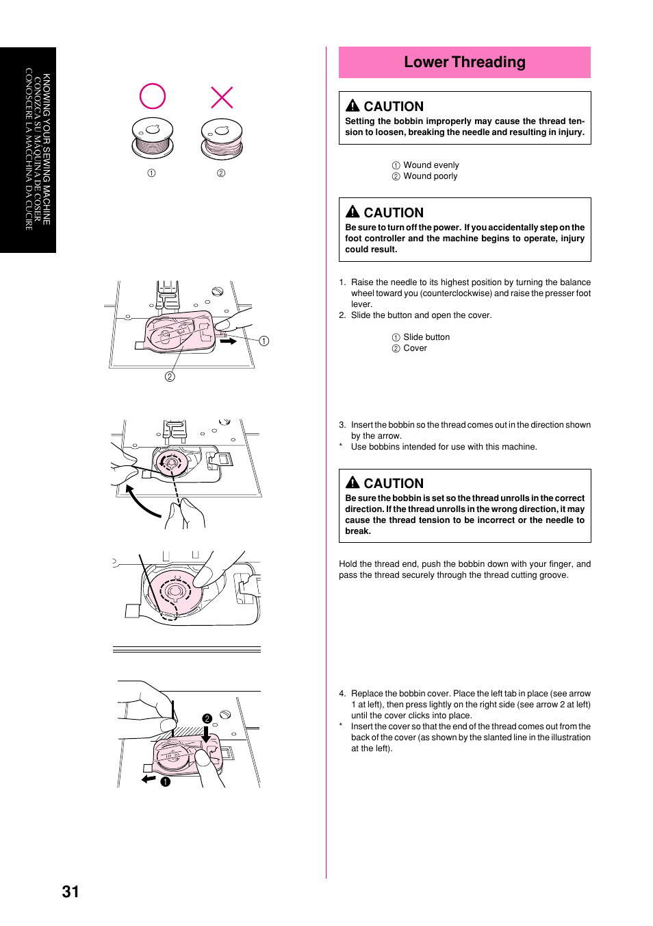 Lower threading, Caution | Brother XL-6051 User Manual | Page 43 / 103