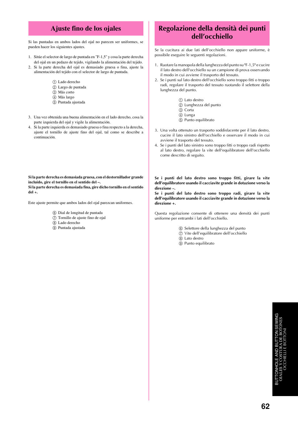 Regolazione della densità dei punti dell’occhiello, Ajuste fino de los ojales | Brother XL-6051 User Manual | Page 74 / 103
