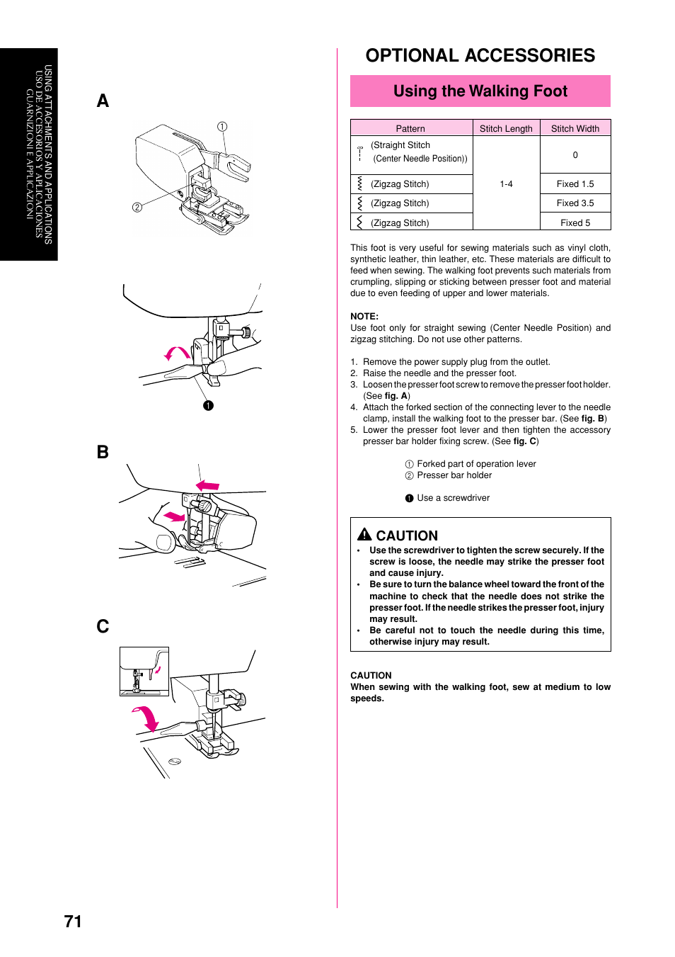 Optional accessories, Cb a, Using the walking foot | Caution | Brother XL-6051 User Manual | Page 83 / 103