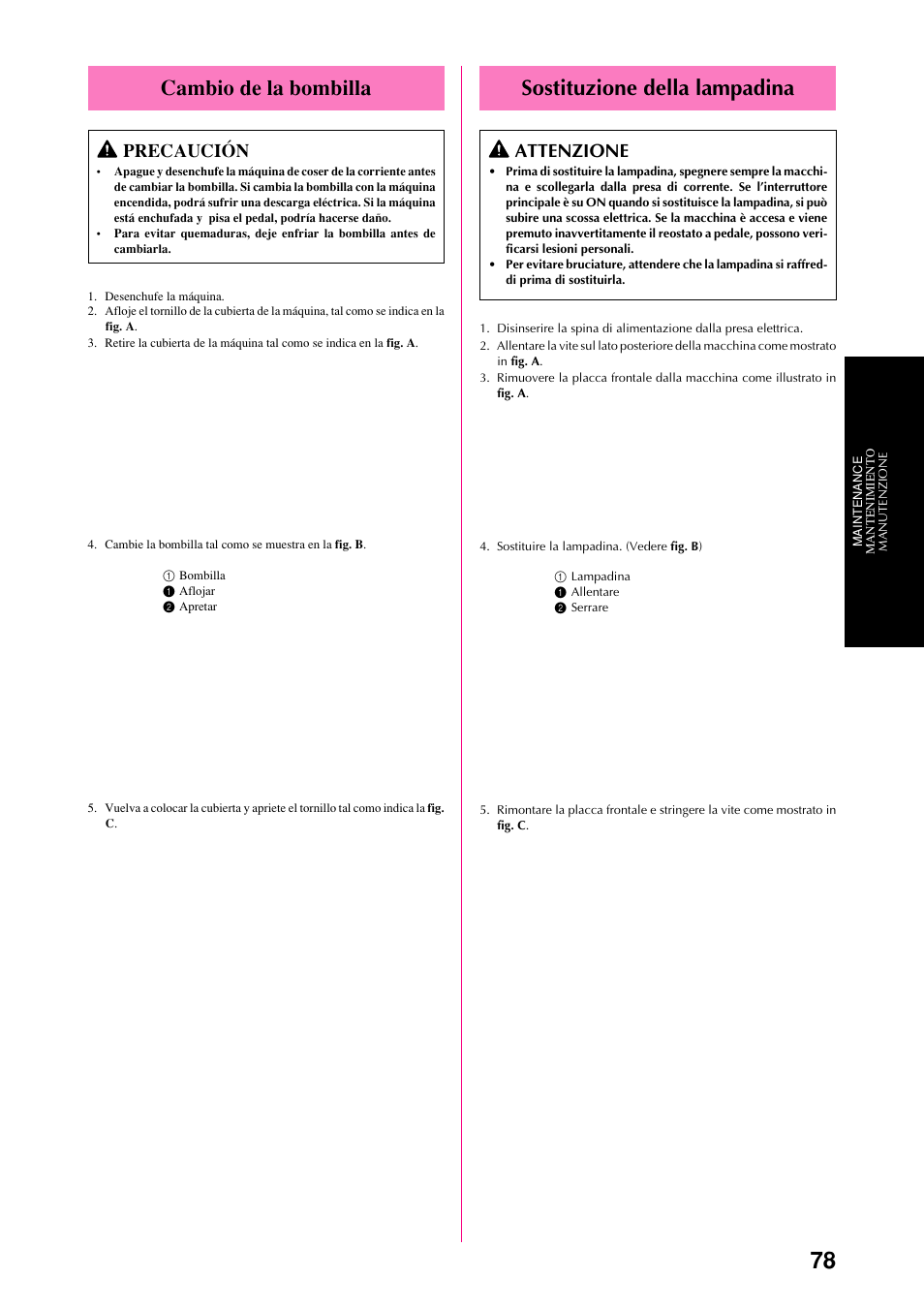 Sostituzione della lampadina, Cambio de la bombilla, Attenzione | Precaución | Brother XL-6051 User Manual | Page 90 / 103