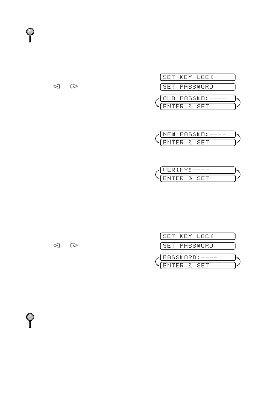 Changing the key lock system password, Switching key lock system on, Changing the key lock system password 1 | Switching key lock system on 1 | Brother FAX-335MC User Manual | Page 30 / 97
