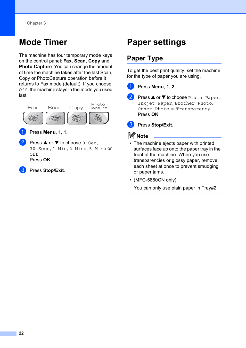 Mode timer, Paper settings, Paper type | Mode timer paper settings | Brother MFC-5860CN User Manual | Page 32 / 168