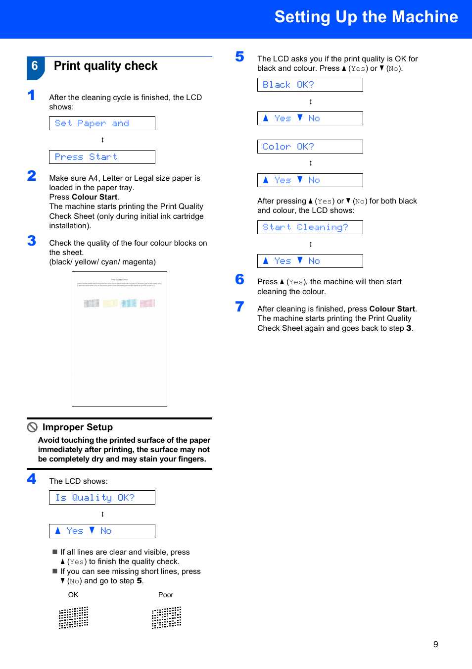 6 print quality check, Print quality check, Setting up the machine | 6print quality check, Set paper and, Press start, Is quality ok, A yes b no, Black ok, Color ok | Brother dcp135c User Manual | Page 11 / 26