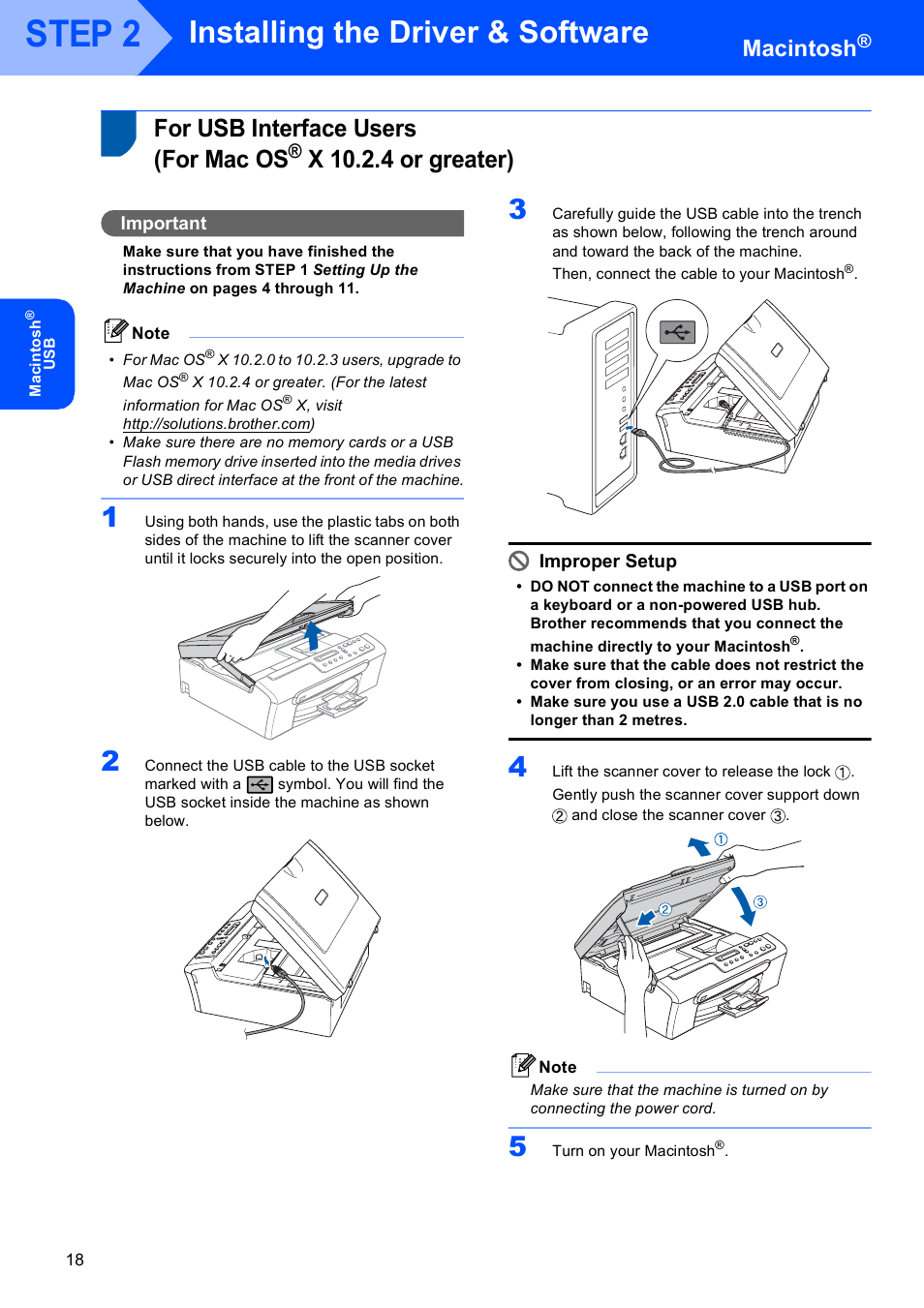 Macintosh, For usb interface users (for mac os, X 10.2.4 or greater) | For usb interface users, For mac os, Step 2, Installing the driver & software, Important, Improper setup | Brother dcp135c User Manual | Page 20 / 26