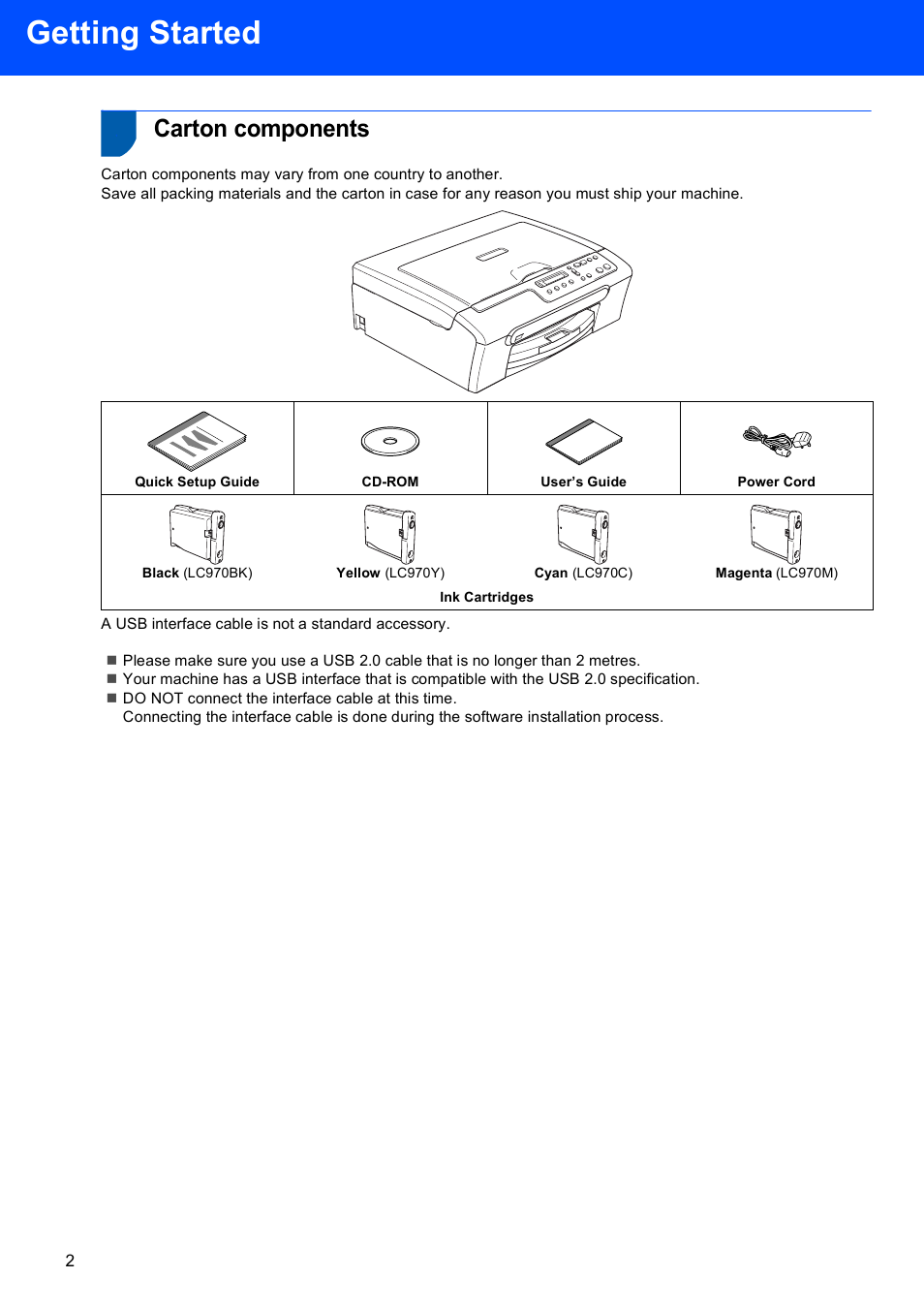 Getting started, Carton components | Brother dcp135c User Manual | Page 4 / 26