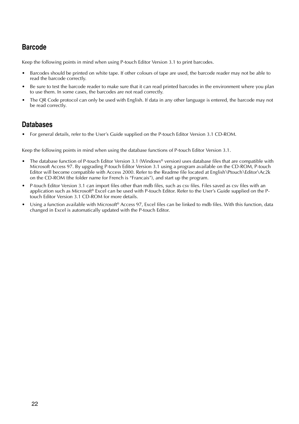 Barcode, Databases | Brother P-TOUCH PRO DX PT-9200DX User Manual | Page 26 / 80
