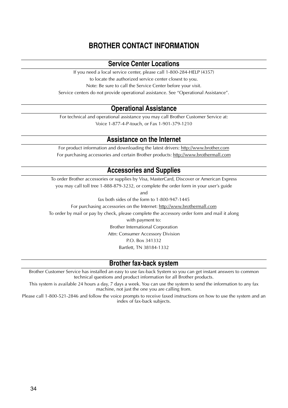 Brother contact information, Service center locations, Operational assistance | Assistance on the internet, Accessories and supplies, Brother fax-back system | Brother P-TOUCH PRO DX PT-9200DX User Manual | Page 38 / 80
