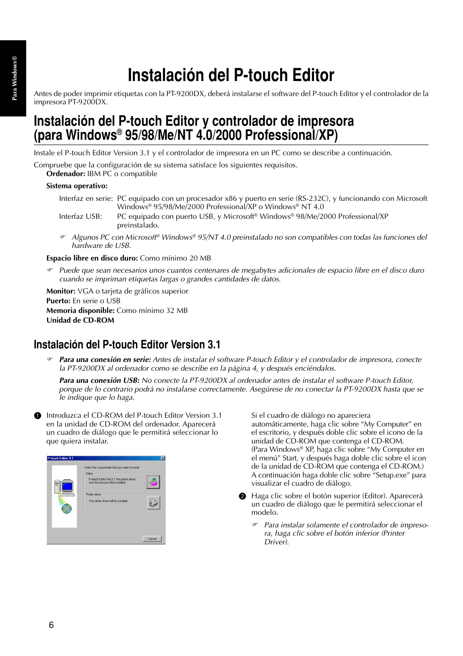 Instalación del p-touch editor, Instalación del p-touch editor version 3.1 | Brother P-TOUCH PRO DX PT-9200DX User Manual | Page 50 / 80