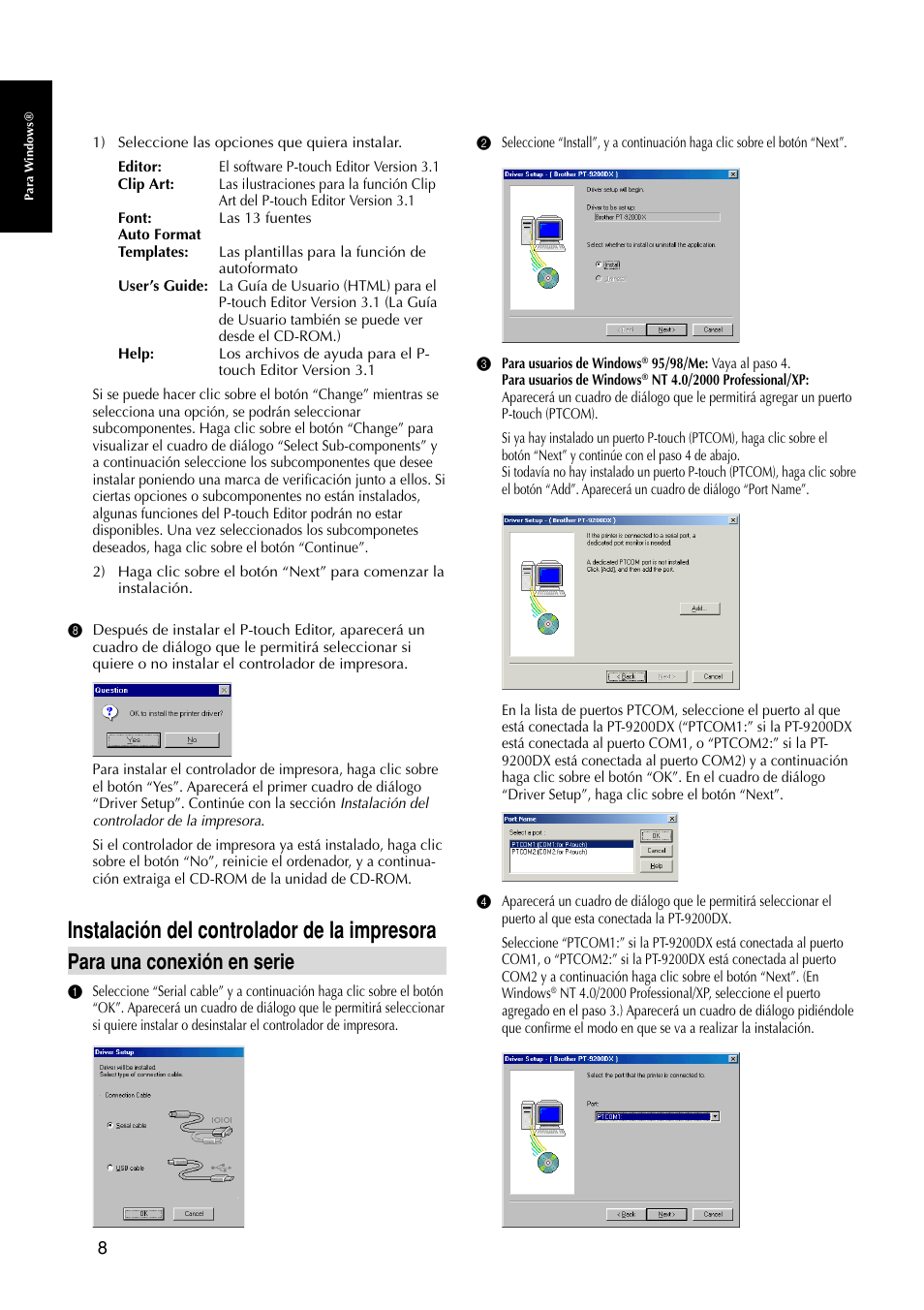 Instalación del controlador de la impresora, Para una conexión en serie | Brother P-TOUCH PRO DX PT-9200DX User Manual | Page 52 / 80