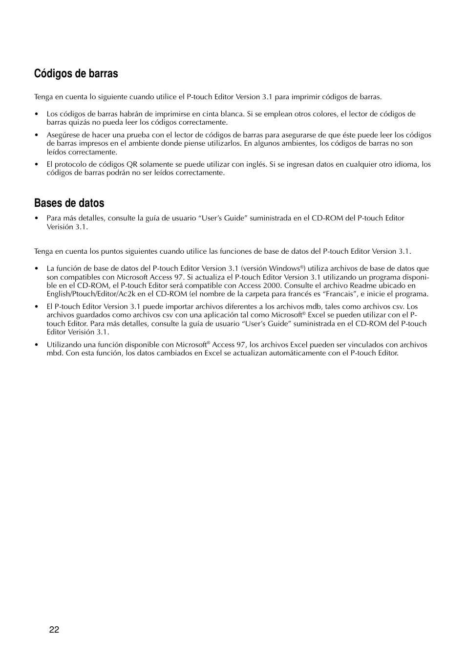 Códigos de barras, Bases de datos | Brother P-TOUCH PRO DX PT-9200DX User Manual | Page 66 / 80