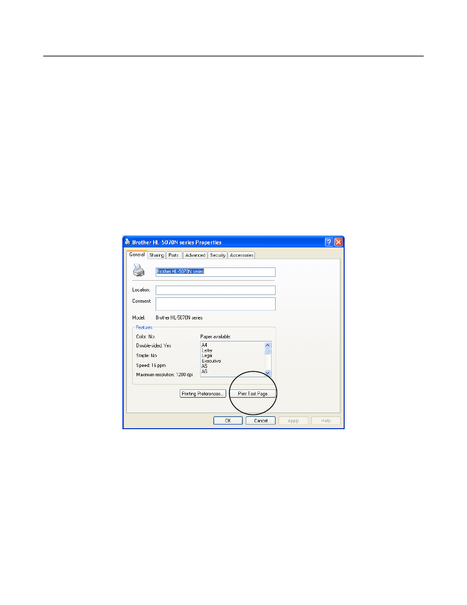Using control panel button, Using the printer driver, Print a test page | Brother HL-5050 User Manual | Page 90 / 137